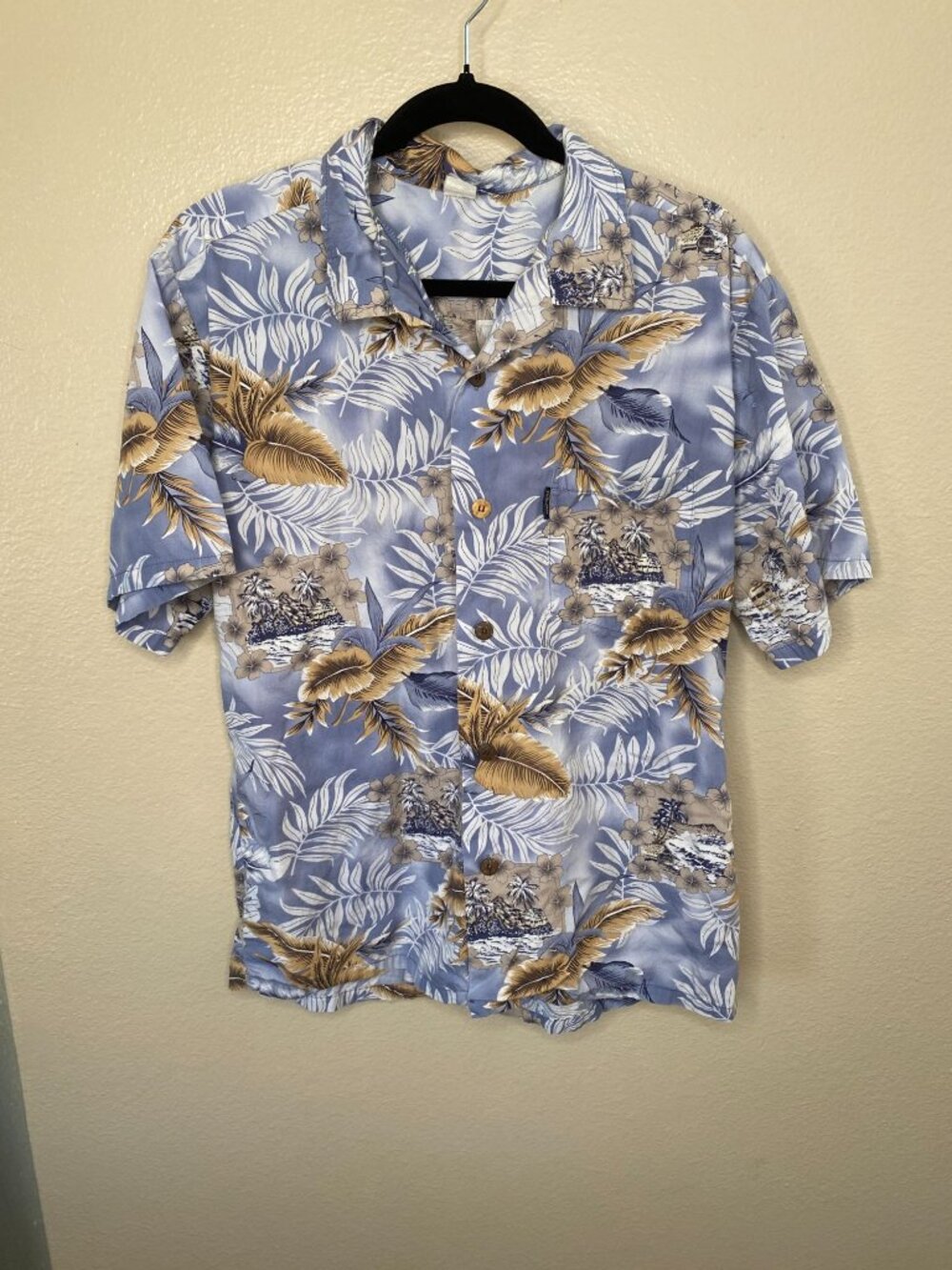 Vintage Palmwave Hawaiian Blue Floral Button-Up Shirt Mens L 100% Cotton Relaxed